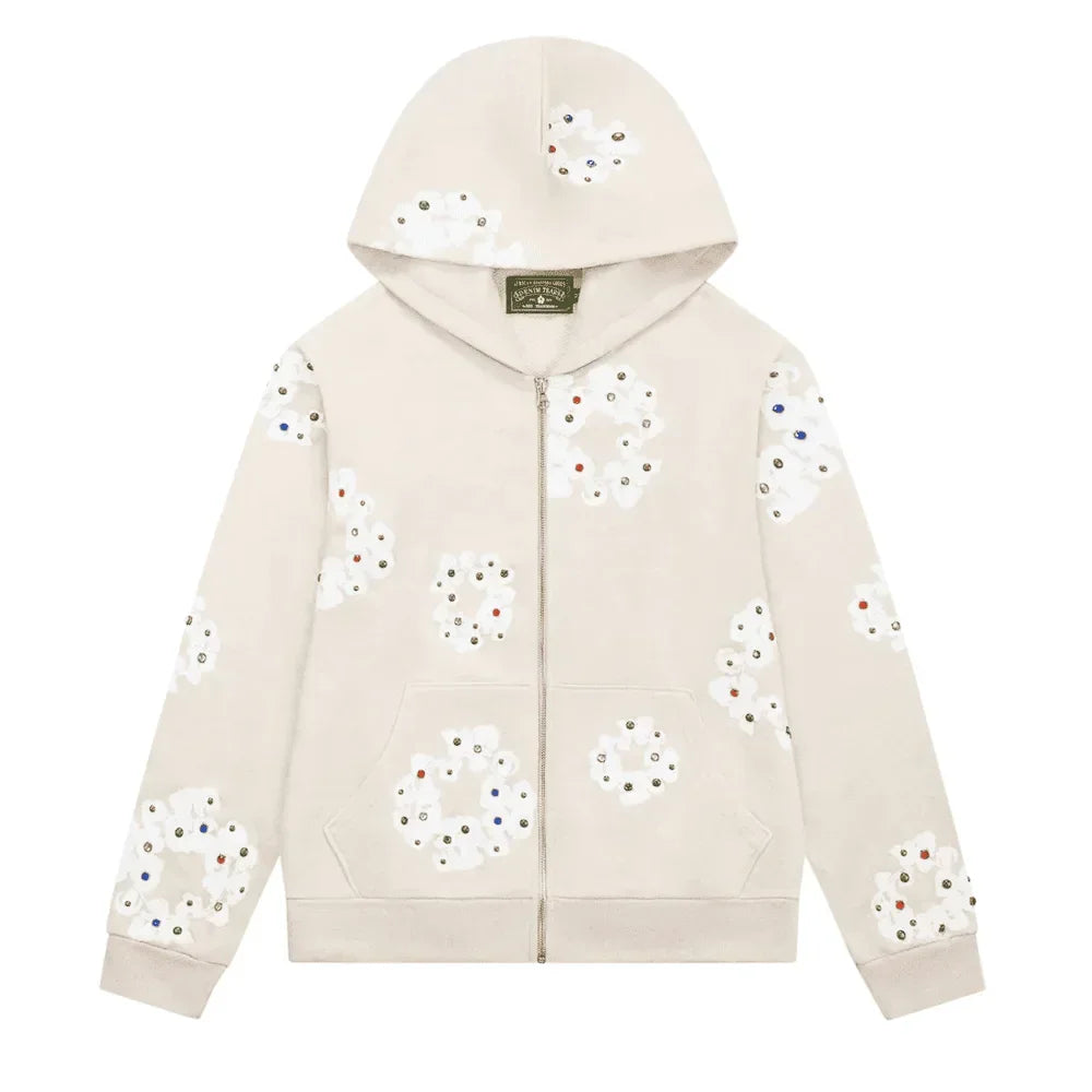 Denim Tears Rhinestone Wreath Zip Hoodie Oatmeal
